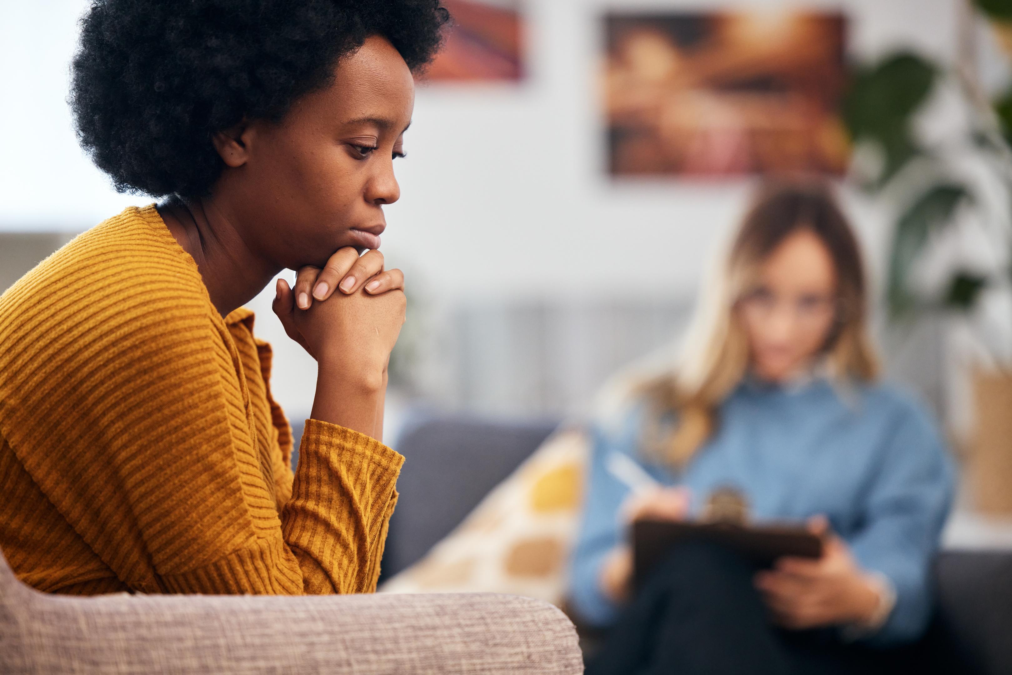 A woman learns about depression treatment options